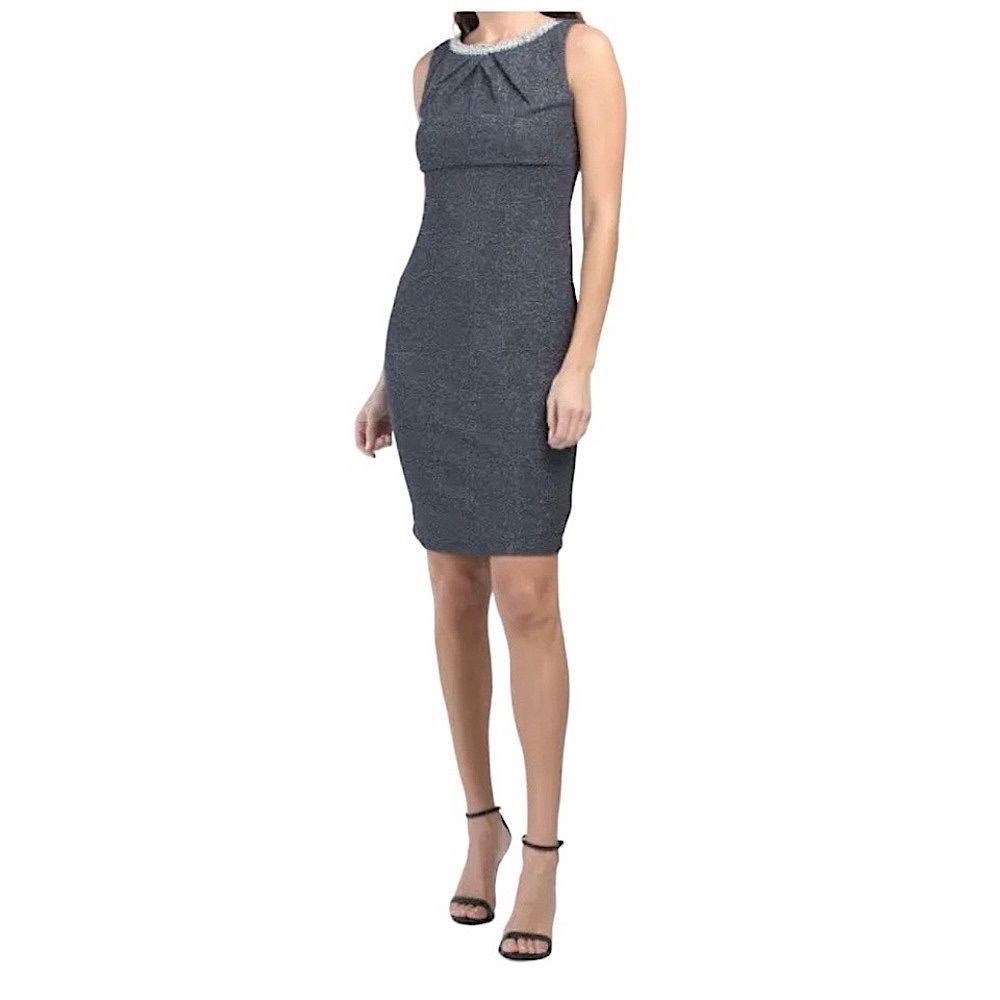 MARINA NWT Dark Gray Sparkle Textured Sheath Dress w/Pearl Collar Sz 18
